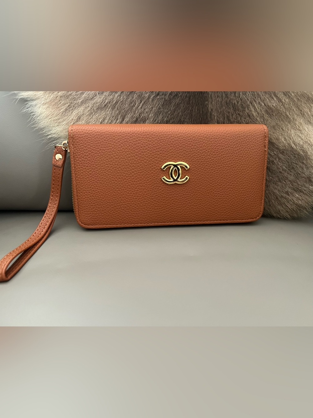Brown Faux Leather Wristlet Wallet with Gold CC Hardware